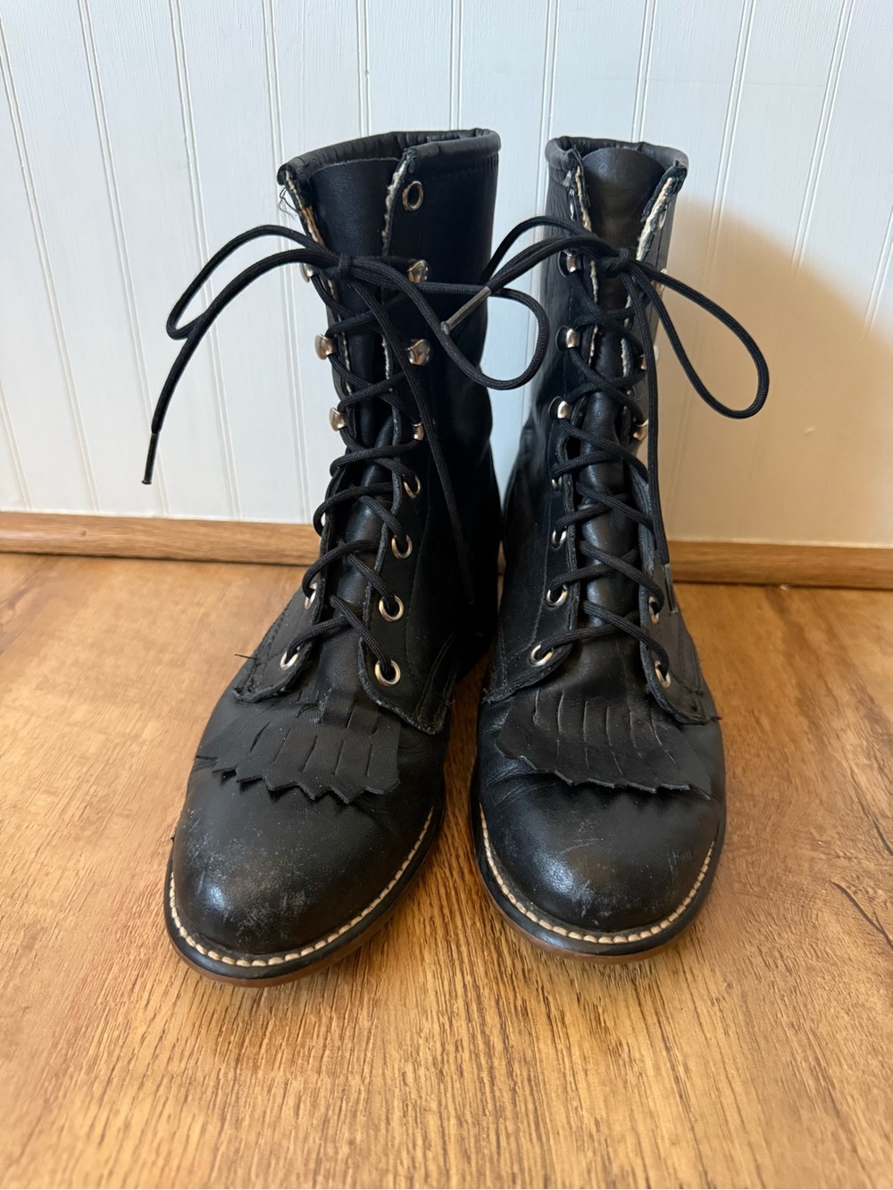 Vintage Black Leather Lace-Up Kiltie Packer Boots Size 6.5